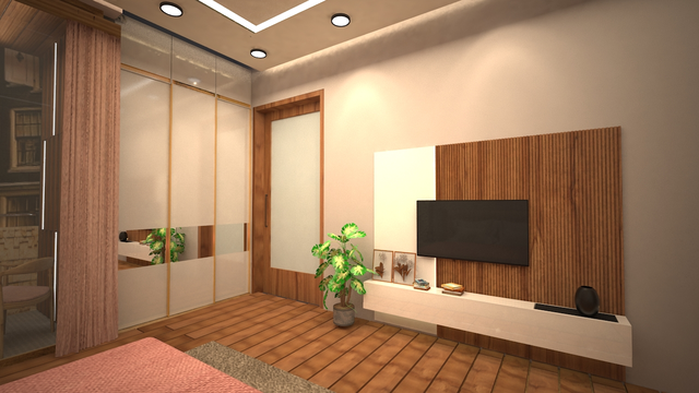 A room with a large flat screen TV mounted to a wall