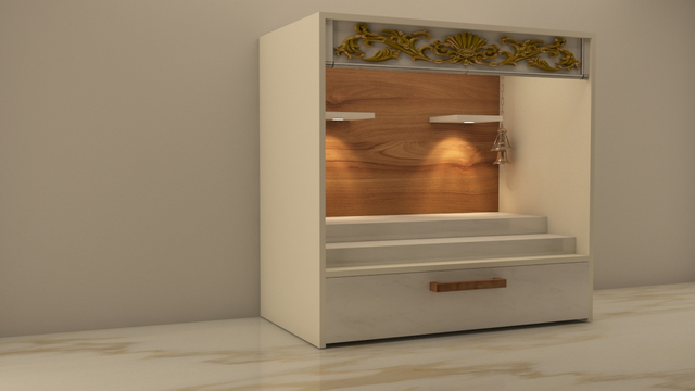 A white cabinet with stairs and a light inside of it