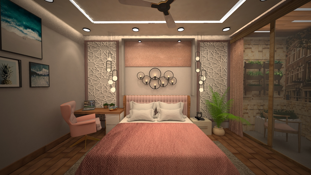 A bedroom with a large bed and a ceiling fan