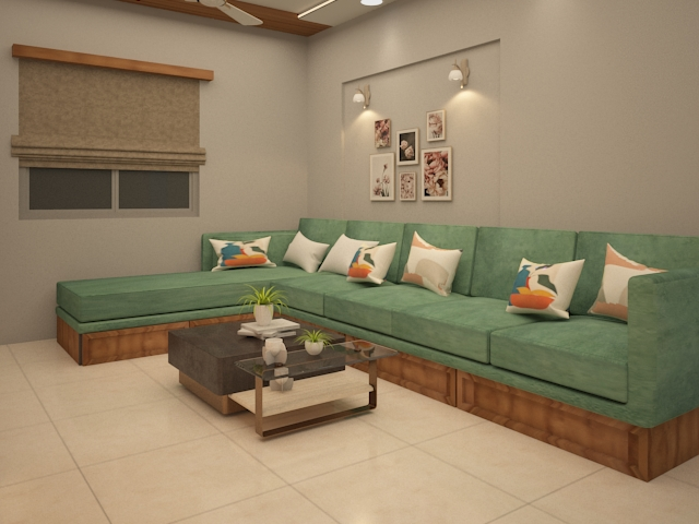 A living room with a green couch and a coffee table