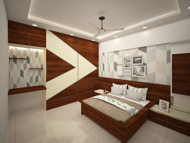 A modern bedroom with a large bed and a ceiling fan
