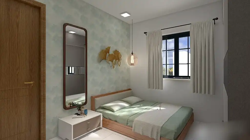 A bedroom with a bed, nightstand and a mirror
